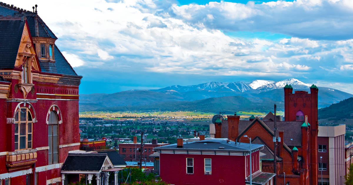 Butte, MT Photo of iconic red buildings in downtown Butte, Montana